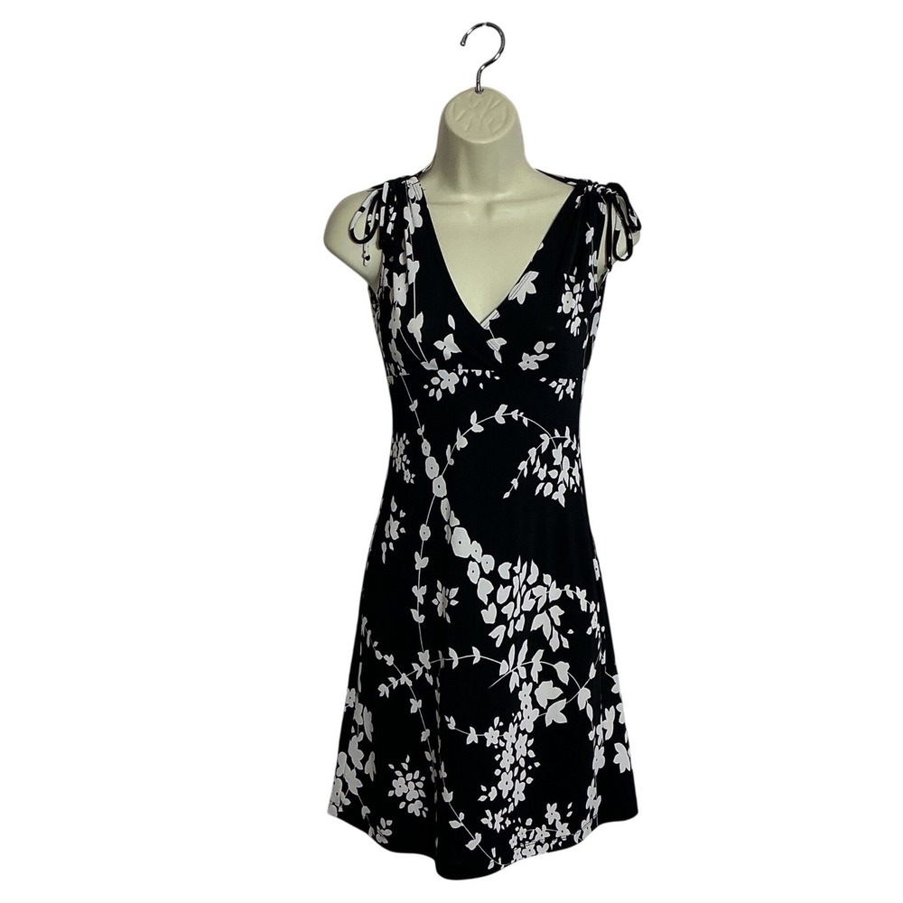 Vintage Taboo Small Black White Floral Tie Shoulder Jersey Dress y2K Retro